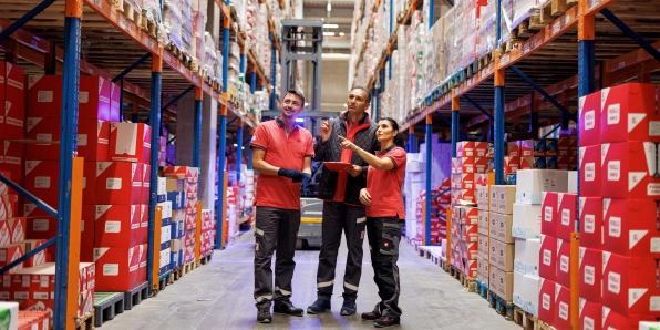 Drei Logistikmitarbeiter von Kaufland in einem Lagergang mit hohen, gut gefüllten Regalen.